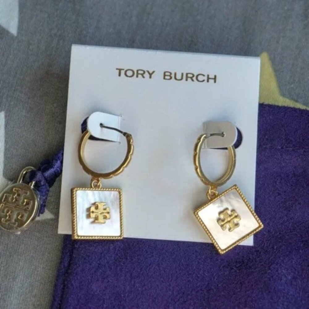 Tory Burch Square Huggie Drop Earrings in Mother of Pearl
